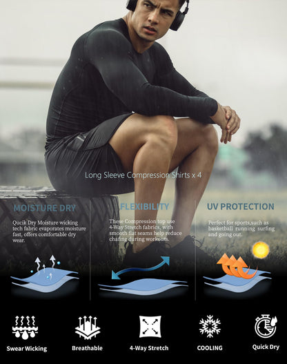 4 Pack Compression Shirts for Men Long Sleeve Athletic Cold Weather Base Layer Undershirt Gear T Shirt for Workout 2XL