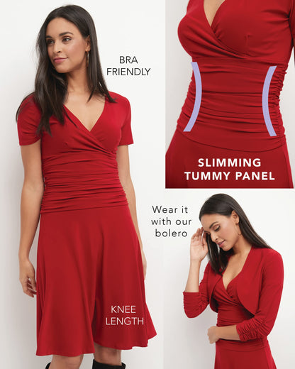 Rekucci Women's Slimming Short Sleeve Fit-N-Flare Crossover Tummy Control Dress (8 Short, Navy)