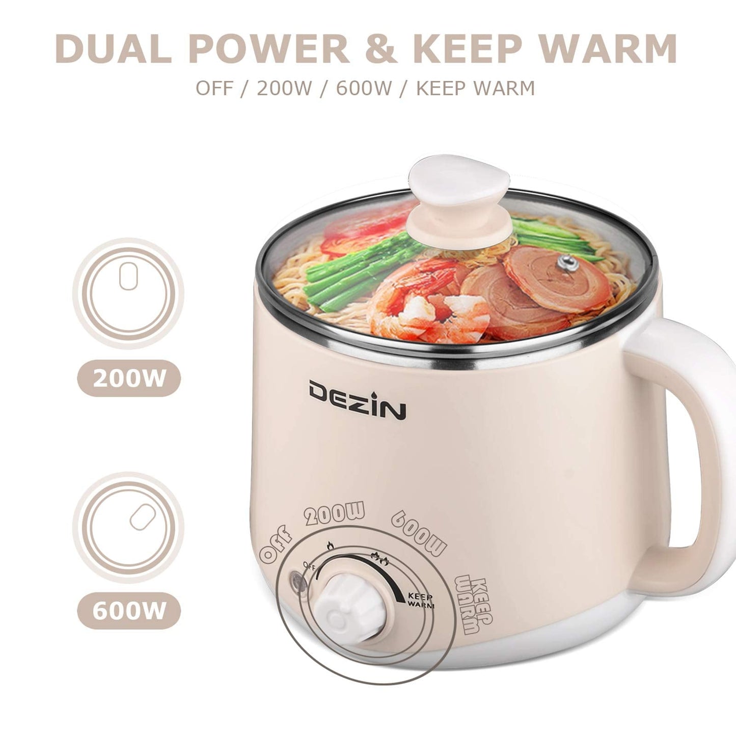 Dezin Electric Pot, 1.6L Ramen Cooker, Hot Pot Electric Stainless Steel, Multifunctional Cooker for Egg, Pasta, Soup, Porridge, Oatmeal with Temperature Control and Keep Warm Function