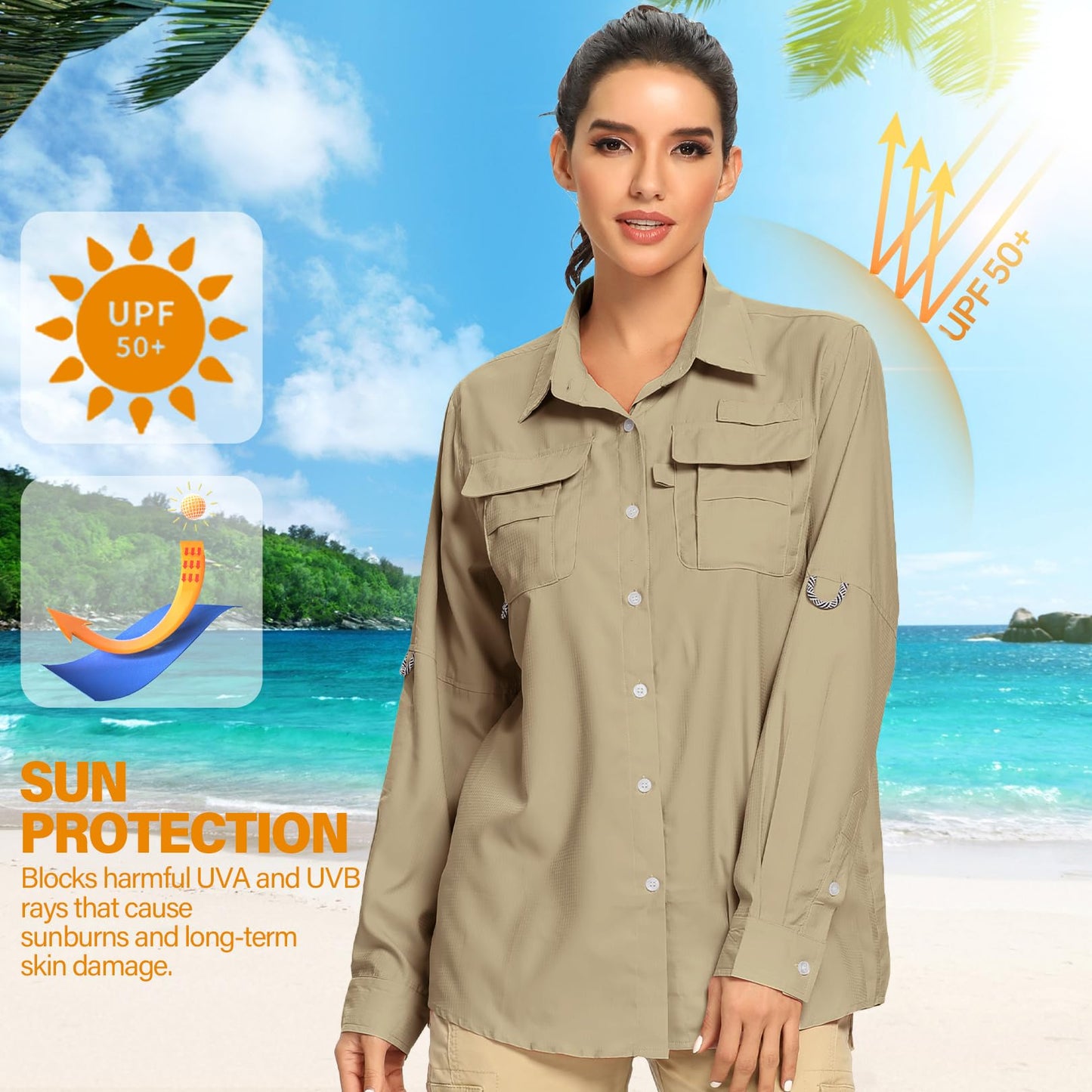 Women's UPF Long Sleeve Fishing Shirts Button Up Hiking Safari Shirts Sun Protection and Quick Dry,Khaki,XXXL