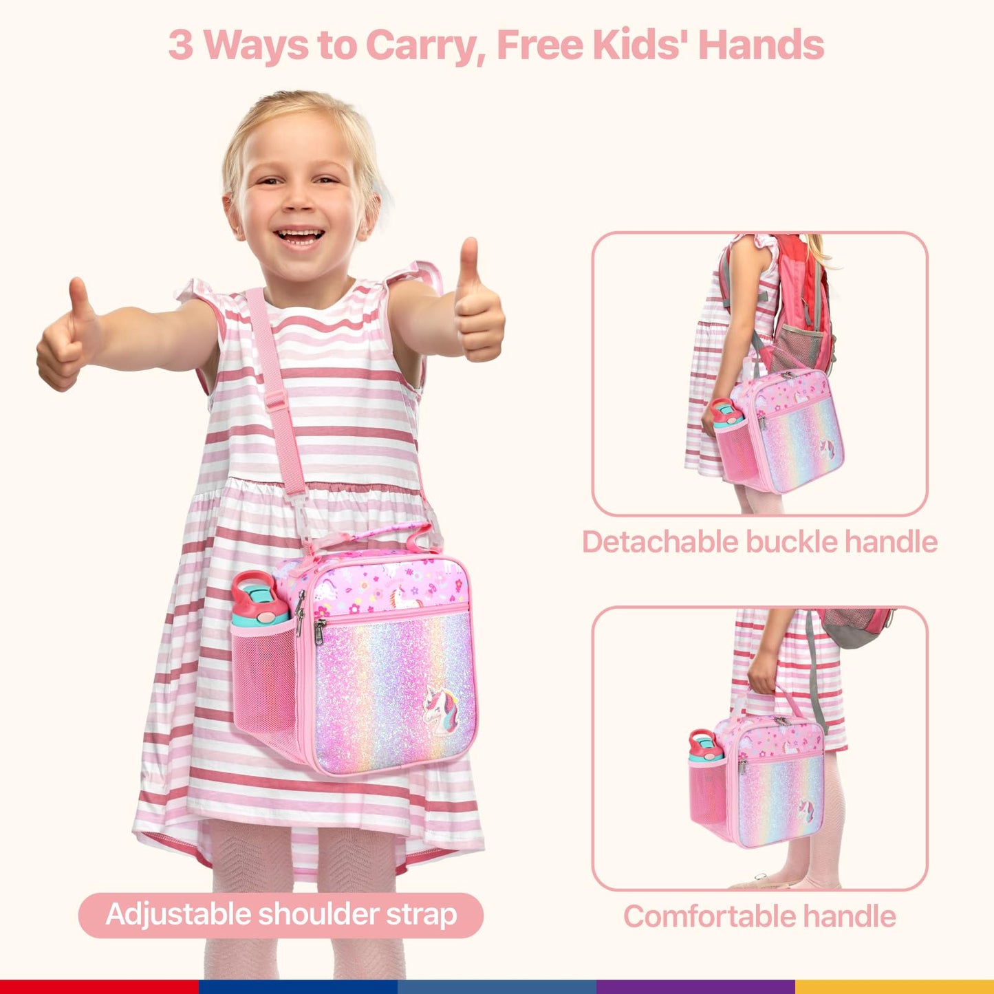 Bagseri Kids Lunch Bag with Shoulder Strap - Insulated Lunch Bag for Girls with Water Bottle Holder Reusable Lunch Tote Bag for School Kids Lunch Box for Girls, Pink Glitter Unicorn