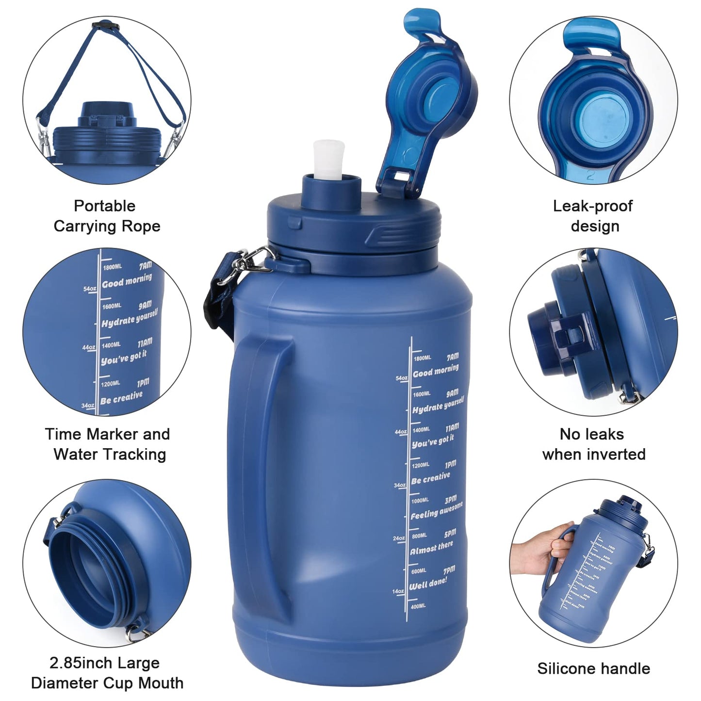 Collapsible Water Bottles, 2L/64OZ travel water bottle Bottle with Straw, Half Gallon Large Water Bottle for Travel Outdoor Sports Runing Fitness Yoga (Upgraded blue)