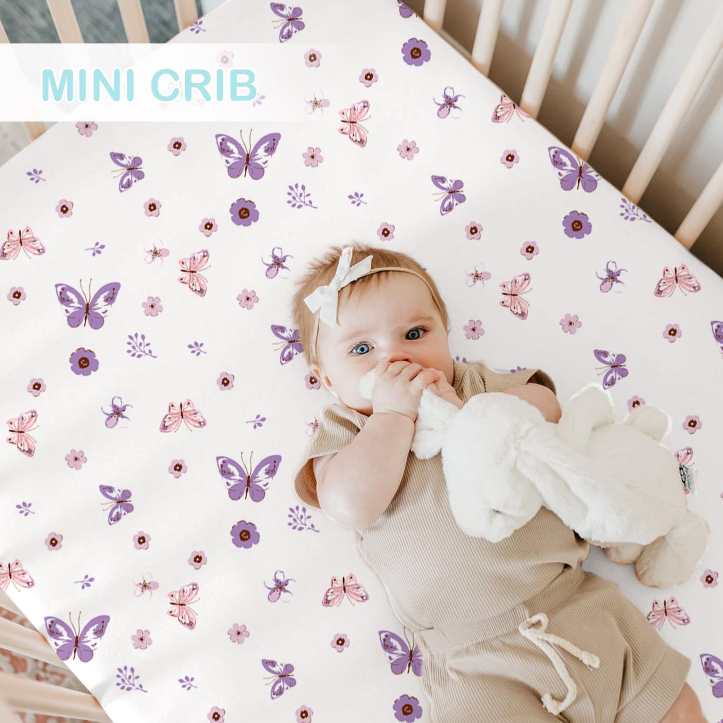 bimocosy Mini Crib Sheets,Pack and Play Sheets for Baby Girl Boy 4 Pack,Size 38"x 26" for Playard Mattress,Portable Mini Crib,Soft Pack N Play Sheets Fitted,Butterfly/Floral/Pink/Purple