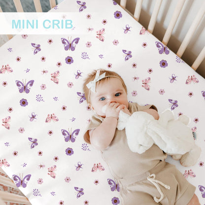 bimocosy Mini Crib Sheets,Pack and Play Sheets for Baby Girl Boy 4 Pack,Size 38"x 26" for Playard Mattress,Portable Mini Crib,Soft Pack N Play Sheets Fitted,Butterfly/Floral/Pink/Purple