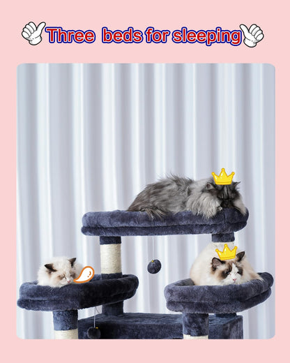 Gitelsnour Cat Tree for Indoor Cats Large Adult, 74" Cat Tower with 3 Big Platforms, 2 Baskets, 2 Condos, Multi-Level Cat Scratching Posts, Smoky Gray GCT030G