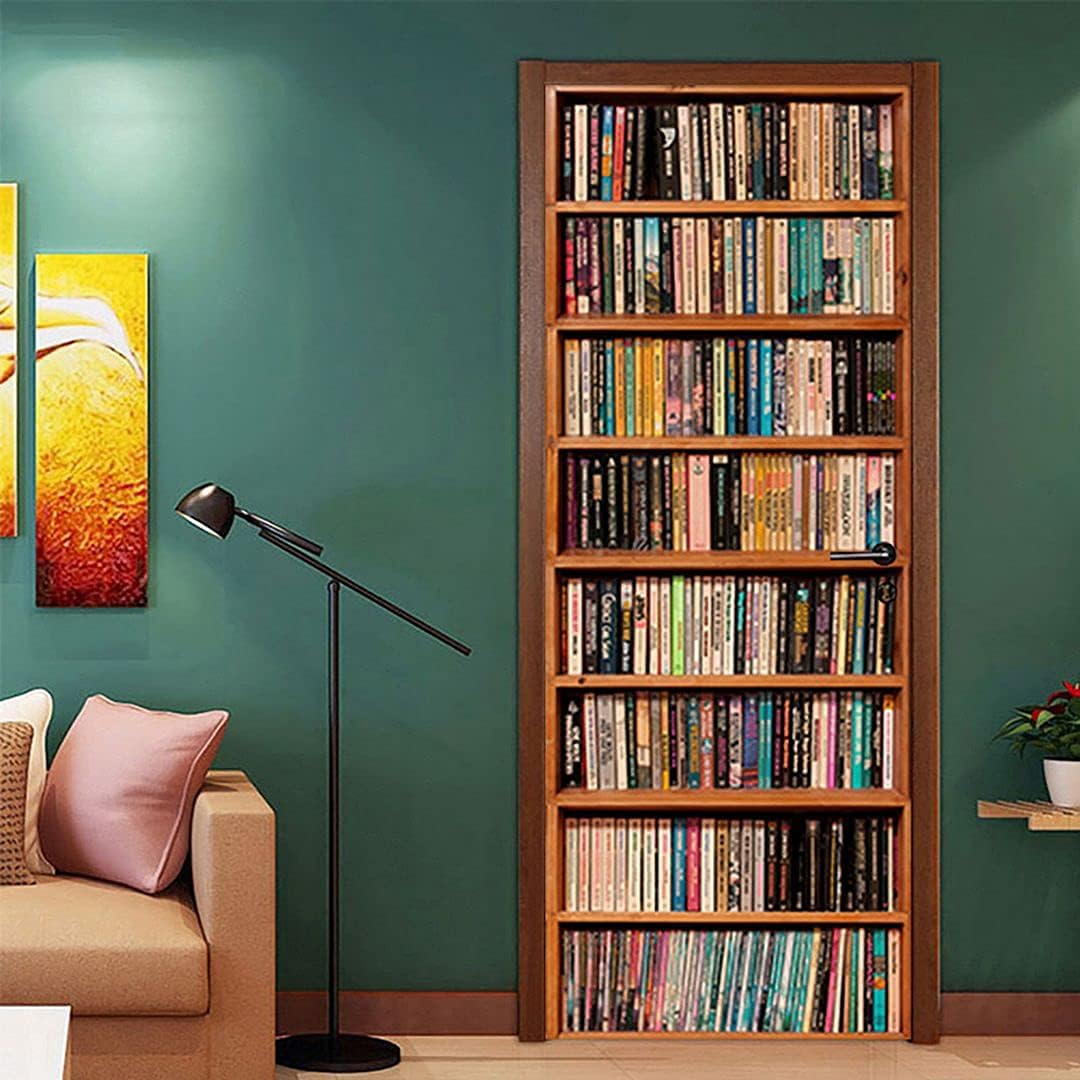 ChezMax Door Stickers Decals 3D Door Murals Peel and Stick, Removable Decorative Vinyl Wallpaper Waterproof Self Adhesive Wall Covers Poster for Home Office Decoration Vivid Bookcase 30.3"W x 78.7"H