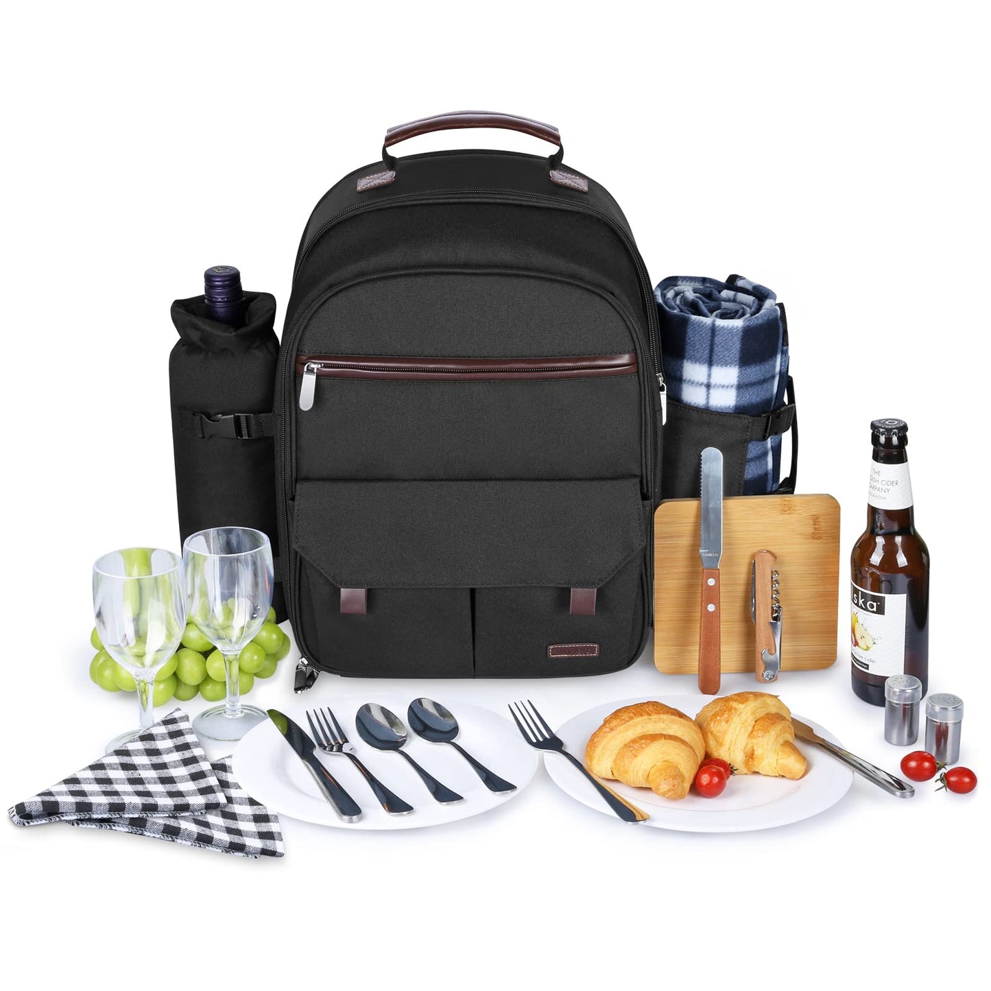 Sunflora Insulated Picnic Backpack for 2 Person Bag with Cooler Compartment, Wine Pouch, Blanket and Stainless Steel Cutlery Set for Couple, Lovers and Friends (Black)
