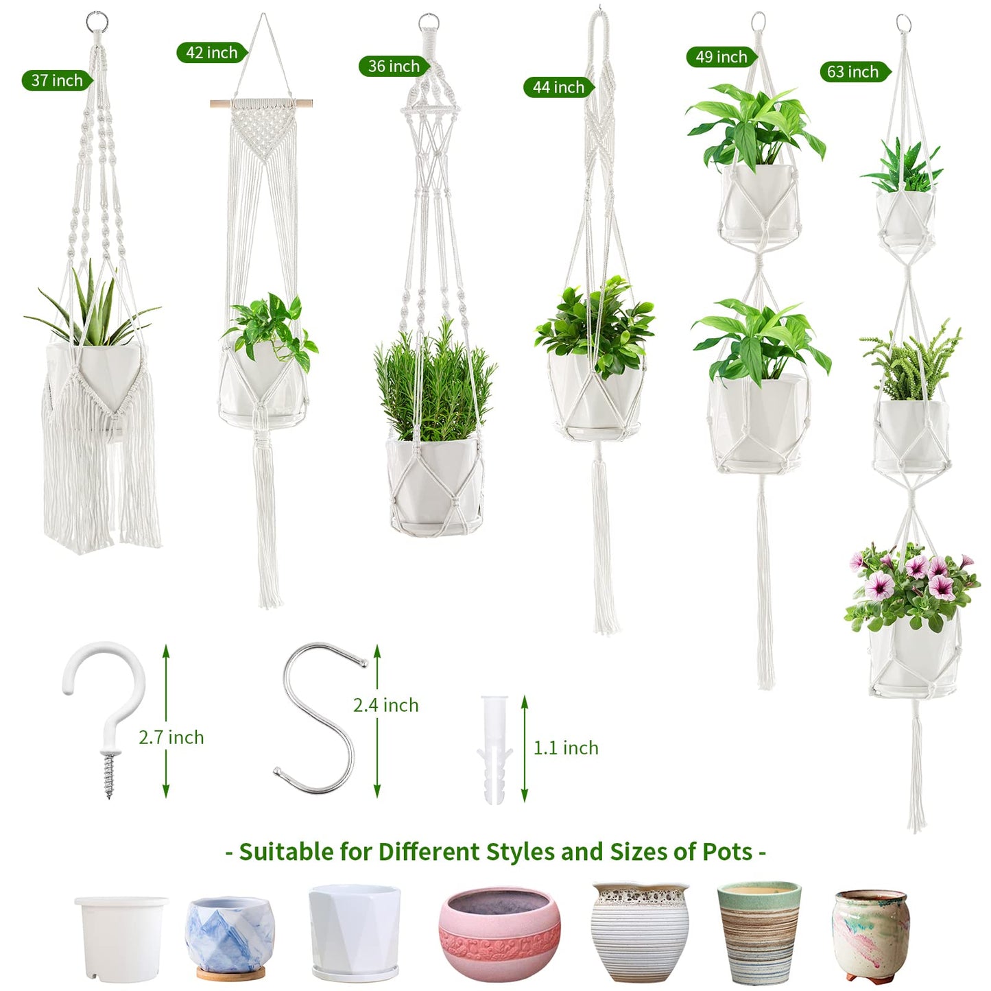 SFENNGPET Macrame Plant Hangers, 6Pack Hanging Planters for Indoor Plants w/ 6 Set Hangers Kit Handmade Macromay Plant Hangers Indoor Flower Pots Holder Stand for Boho Home Décor (POTS NOT Included)