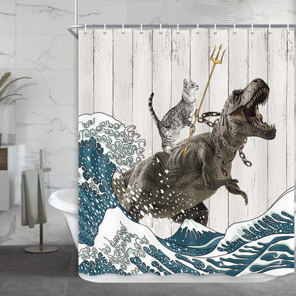 Boziqr Funny Cat Shower Curtain, Cool Cat Dinosaur Japanese Ocean Wave Decor Fabric Bathroom Curtains, Kids Children Rustic Wooden Farmhouse Shower Curtain, 70X70 Inches