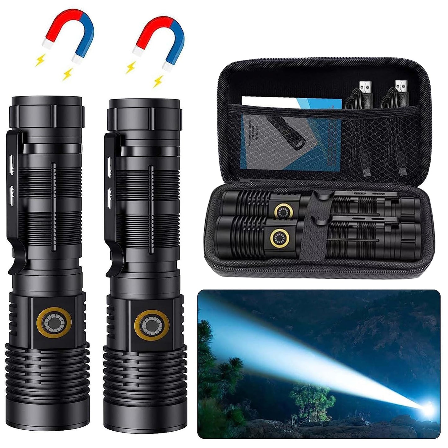 Rechargeable Tactical Flashlights High Lumens - 1500 Meters Long Beam Super Bright LED Magnetic Flashlight USB Zoomable 5Modes Small Long Beam Spotlight Flashlight for Hiking, Camping
