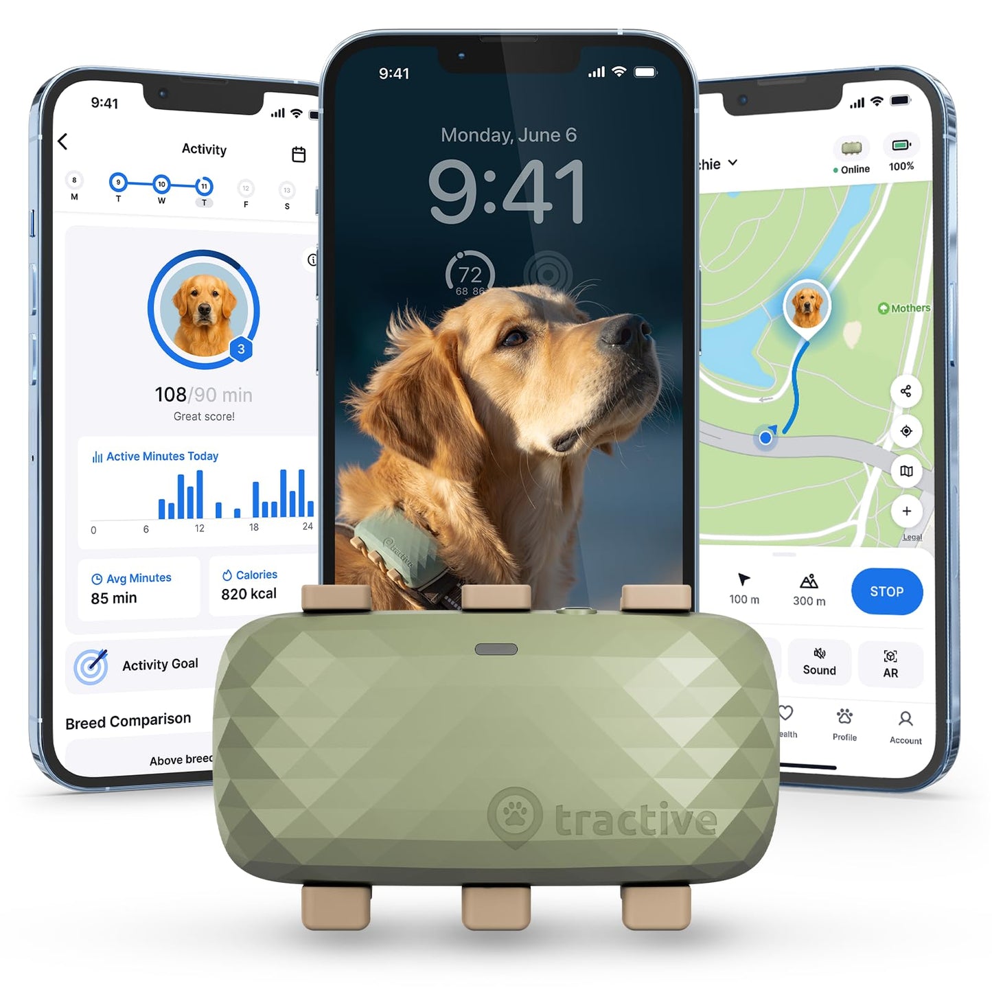 Tractive XL Smart Dog GPS Tracker | Live Pet Tracker with Virtual Fence | Vital Signs Monitoring of Heart & Respiratory Rate | Up to 1-Month Battery Life | Dog Collar Attachment (Green)
