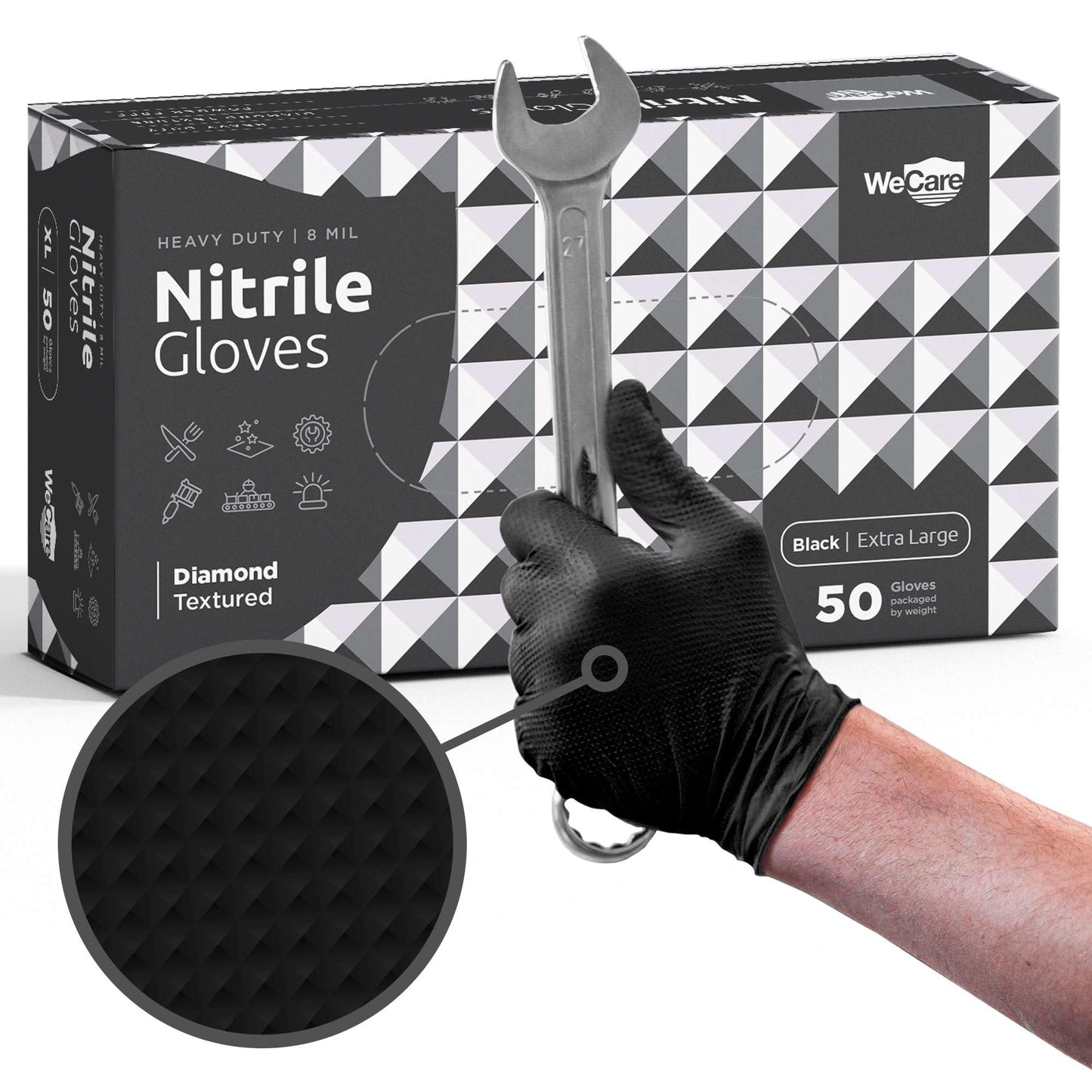 WECARE Black 8 Mil Nitrile Gloves Medium 50 Pack - Heavy Duty Mechanic Gloves, with Diamond Grip - Powder and Latex Free Disposable Gloves