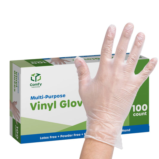 Comfy Package Disposable Vinyl Gloves [100 Count] – Clear, Latex-Free, Powder-Free – Food Safe for Cooking, Cleaning, Food Handling – BPA-Free - X-large