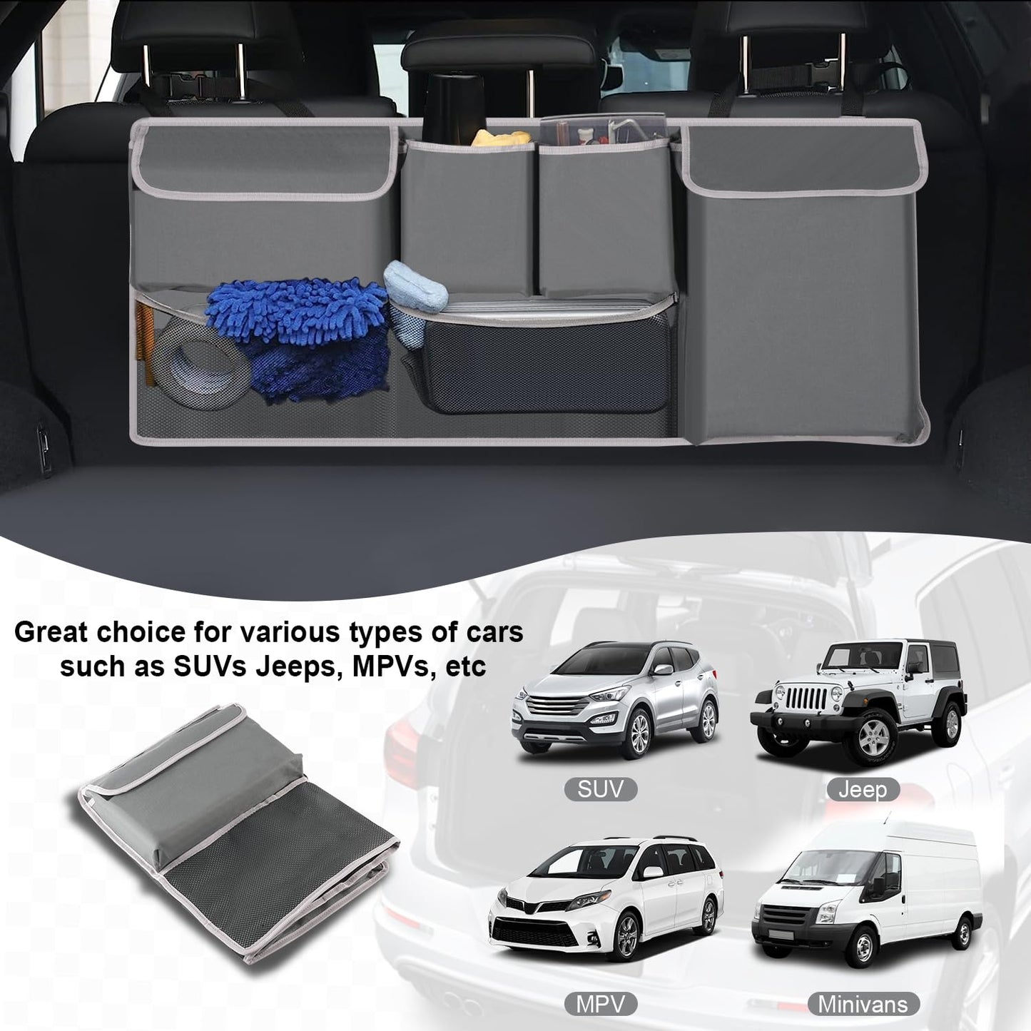 UYYE Trunk Hanging Organizer, Backseat Storage Bag, Collapsible Car Interior Accessories with 4 Pockets & 2 Mesh Pouches for Tools, Provide More Storage Trunk Space for SUV, Jeep, MPVs (Grey)