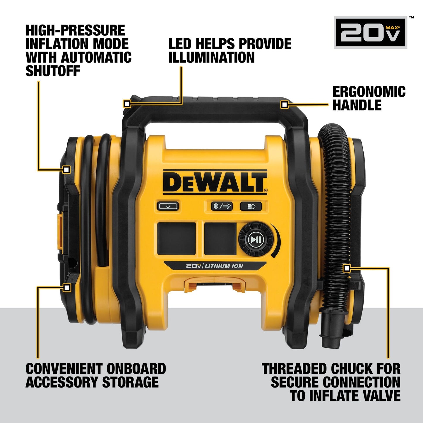 DEWALT Tire Inflator Portable Air Compressor 20V MAX, Air Pump with Automatic Shut Off, LED Light, Tool Only (DCC020IB)