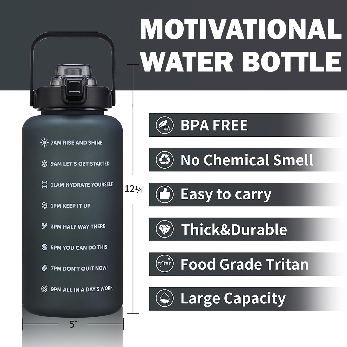 ST-YIBEN 100oz Large Motivational Water Bottle with Time Marker,Leakproof & BPA Free 3 Liter Black Gallon Water Bottle with Straw & Handle Tritan Frosted Water Jug for Women Men to Fitness,Gym,Sports
