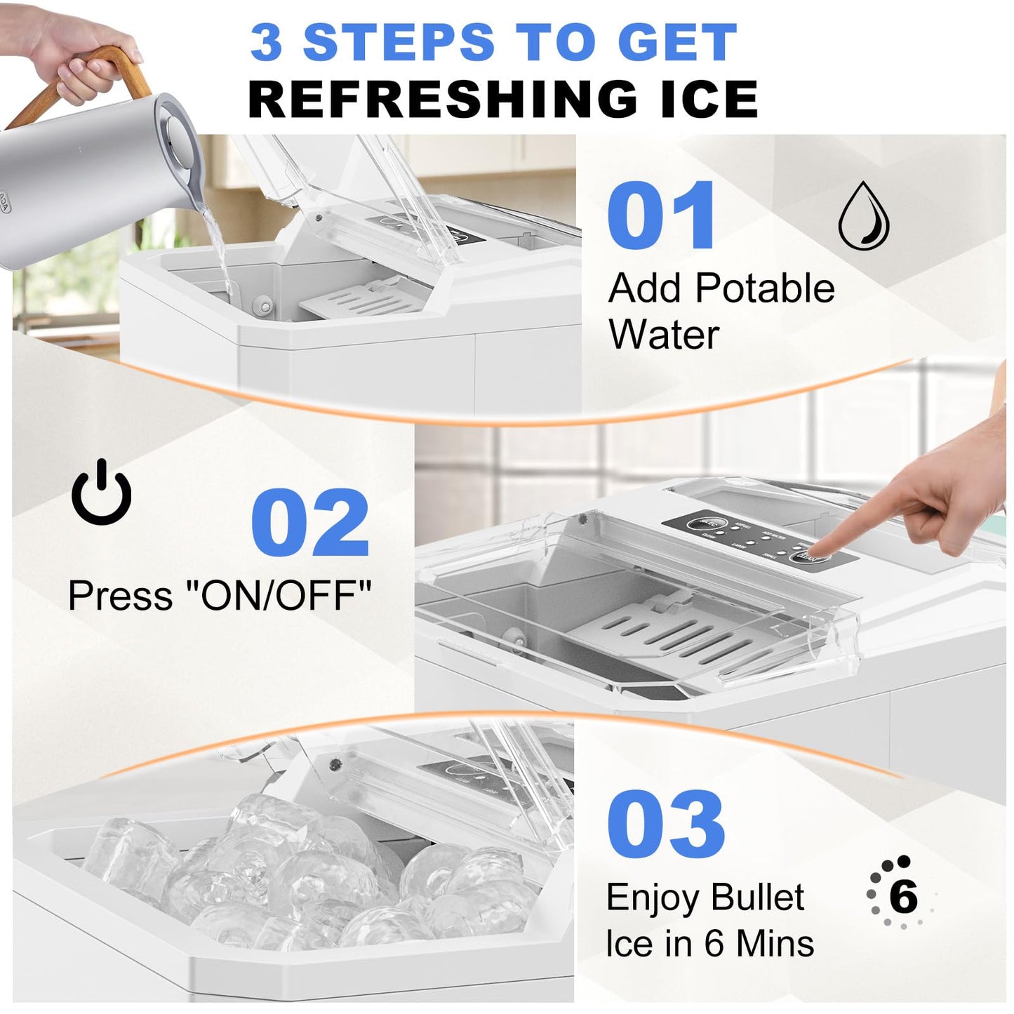 SMUG Ice Makers Countertop with Handle, Portable Ice Machine, 9 Bullet Ice Cubes in 6 Mins, 26lbs in 24Hrs, Auto-Cleaning, with Basket and Scoop, for Home, Kitchen, RV, Camping, White