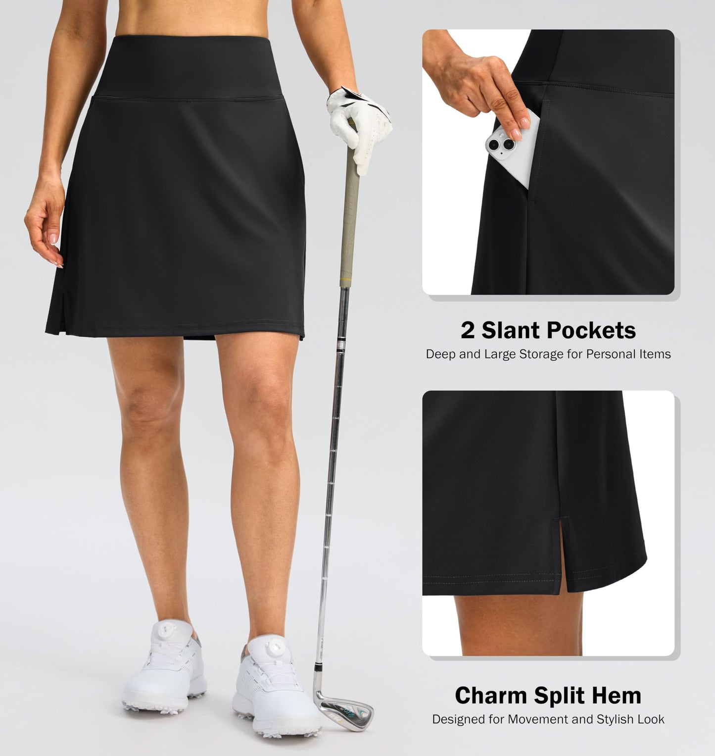 SANTINY 18" Skorts for Women 3 Pockets High Waist Long Athletic Tennis Skirt Golf Skort for Casual Summer Travel (Black_XL)