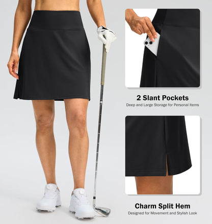 SANTINY 18" Skorts for Women 3 Pockets High Waist Long Athletic Tennis Skirt Golf Skort for Casual Summer Travel (Black_XL)