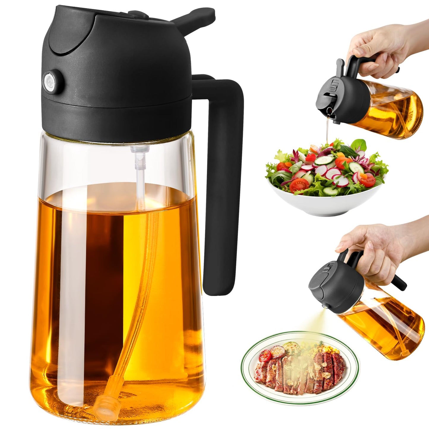 SWEET VIEW Olive Oil Sprayer for Cooking, 470ml 2 In 1 Glass Oil Dispenser/Pour Bottle, Kitchen Accessories, Kitchen Gadgets for Air Fryer, Salad, BBQ (Black)