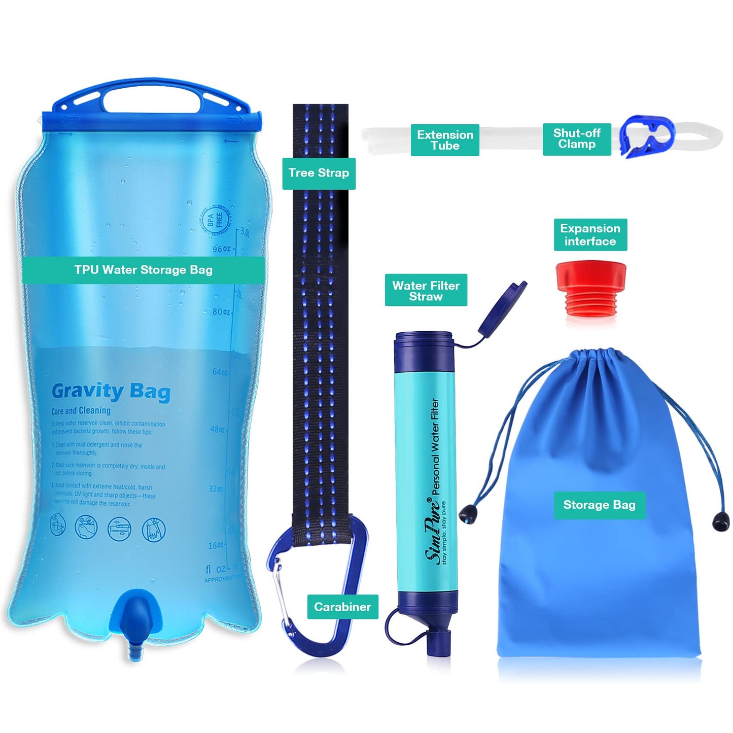 SimPure Gravity Water Filter, Portable Gravity-Fed Water Purifier with 3L Bag, Tree Strap, BPA Free Survival Gear and Equipment for Camping Hiking Emergency Preparedness