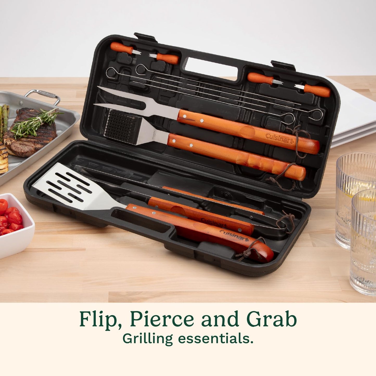 Cuisinart 13-Piece Wooden Grill Tool Set, BBQ Accessories and Grill Tools, Durable Stainless-Steel Utensils with Recycled Plastic Case, Spatula, Tongs, Cleaning Brush & More, Grilling Gifts for Men