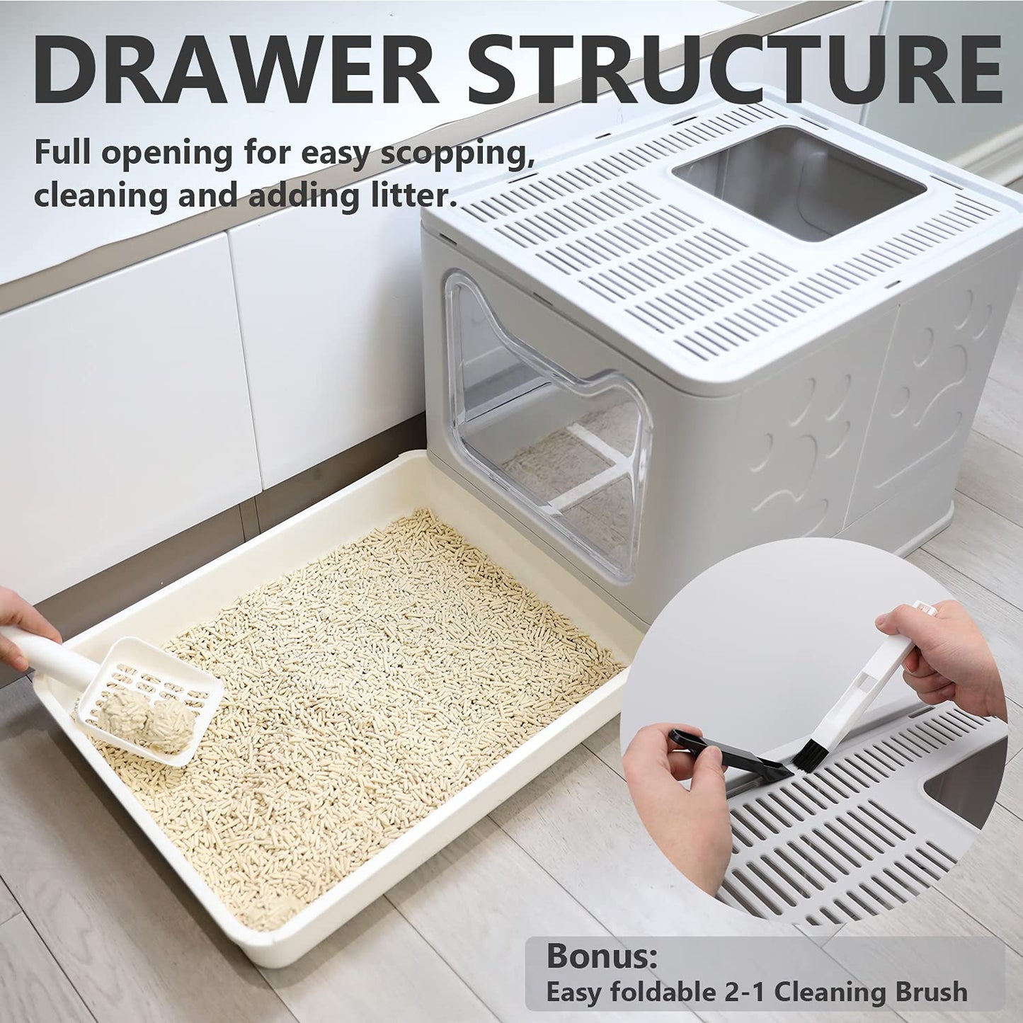 Foldable Cat Litter Box with Lid, Enclosed Potty, Large Top Entry Anti-Splashing Toilet, Easy to Clean Including Litter Scoop and 2-in-1 Cleaning Brush (Grey)