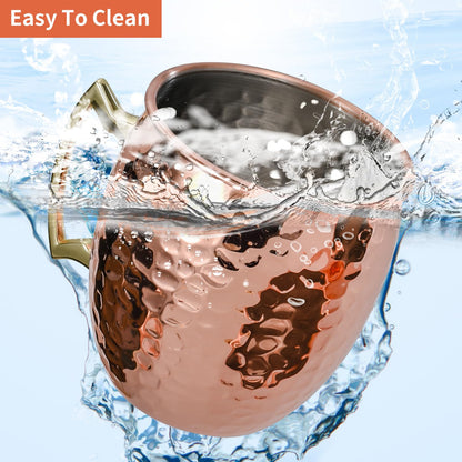 Amrules Moscow Mule Mugs Set of 4, 16 OZ Hammered Copper Cups with 304 Stainless Steel Lining and Gold Brass Handles, for Cold Drinks, Beer, Wine, Bars, Parties