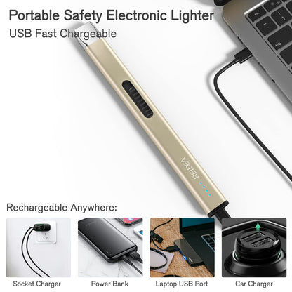 REIDEA Electric Candle Lighter, Retractable Top Windproof Flameless USB Rechargeable Arc Lighter with Safe Button and Power Indicator for Candle, BBQ and Fireworks, R1 Flat, Champagne Gold