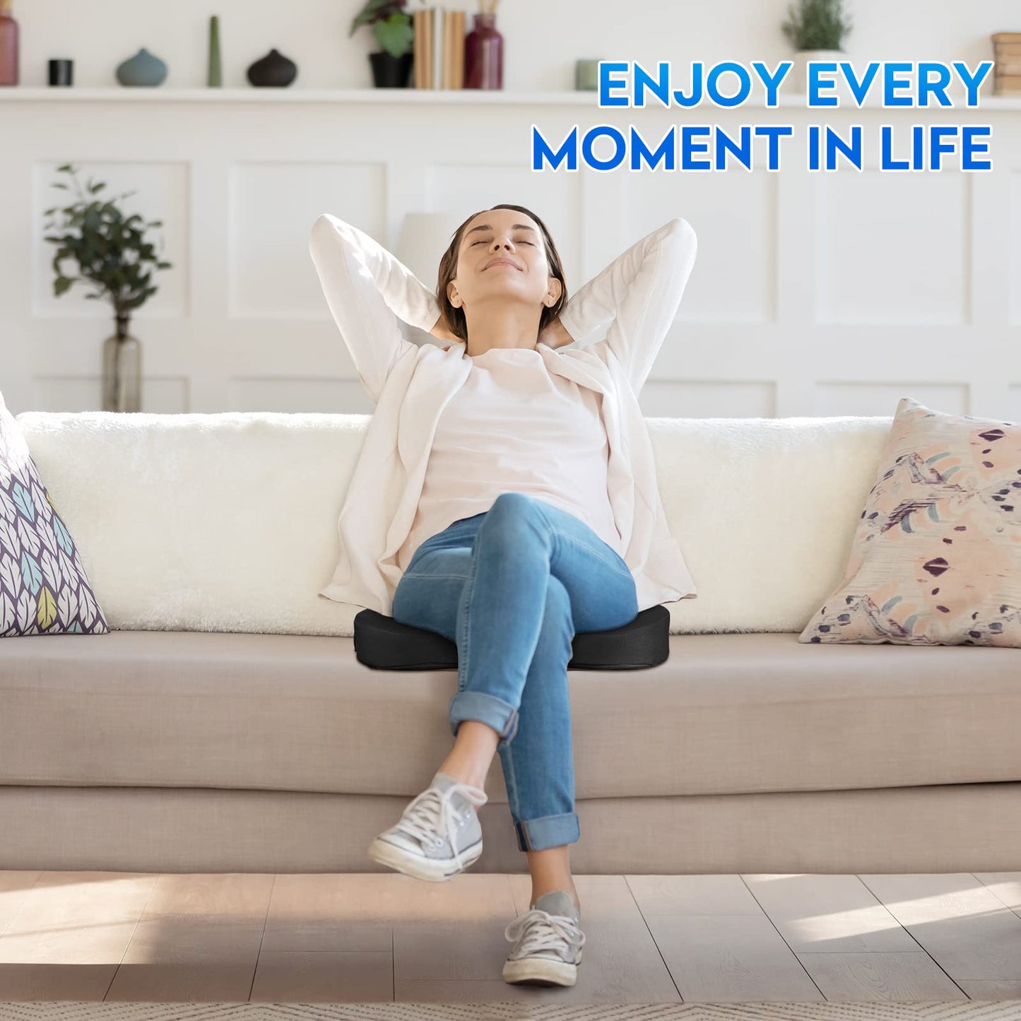 Ergonomic Memory Foam Seat Cushion with Non-Slip Base - Office Chair, Car, Airplane, Wheelchair & Bleacher Support - Pressure Relief for Back, Tailbone & Sciatica (Black)