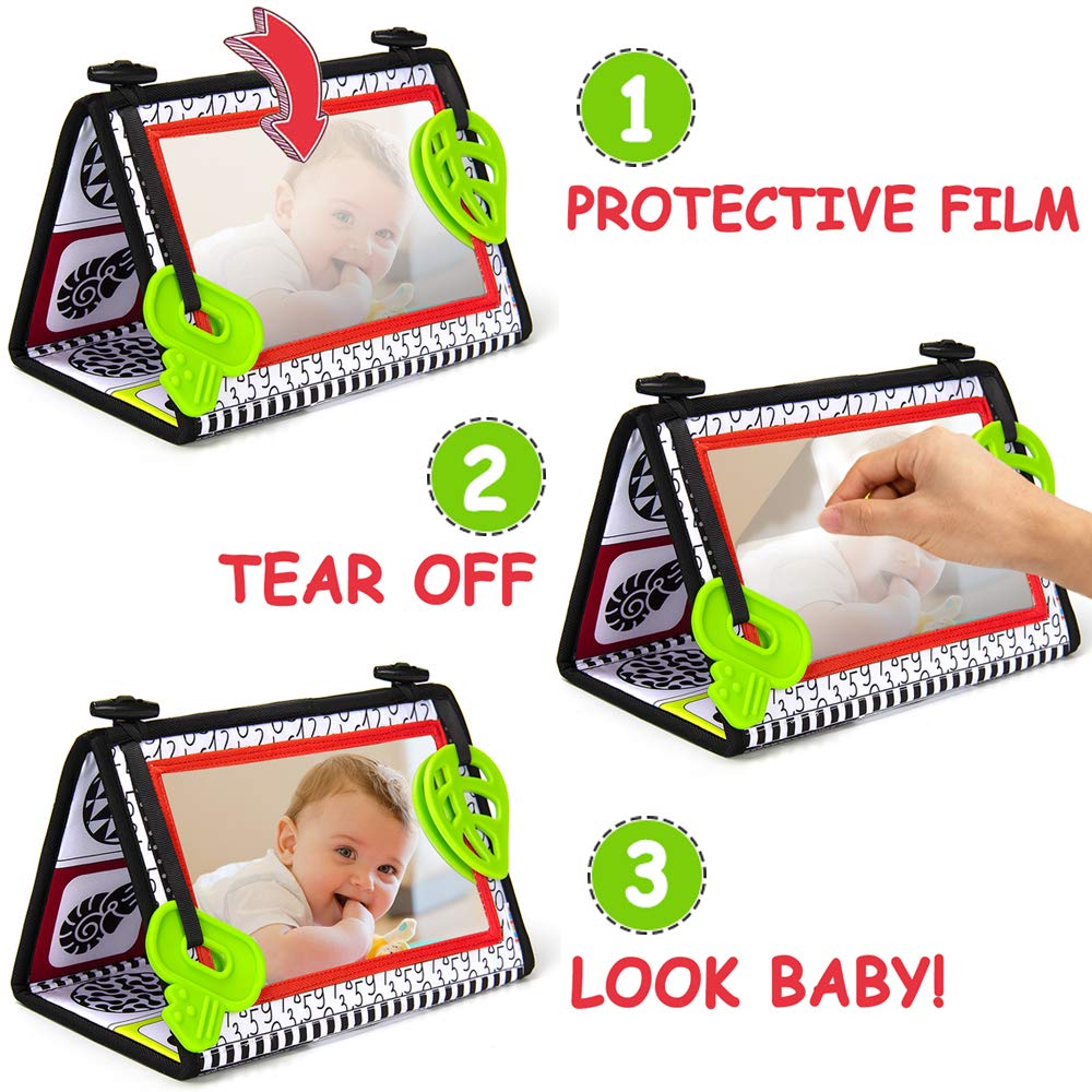 teytoy Tummy Time Baby Mirror Toys with Teethers, Double Black and White High Contrast Baby Toys 0-6 Months, Foldable Floor Sensory Development Toys for Infants Newborn