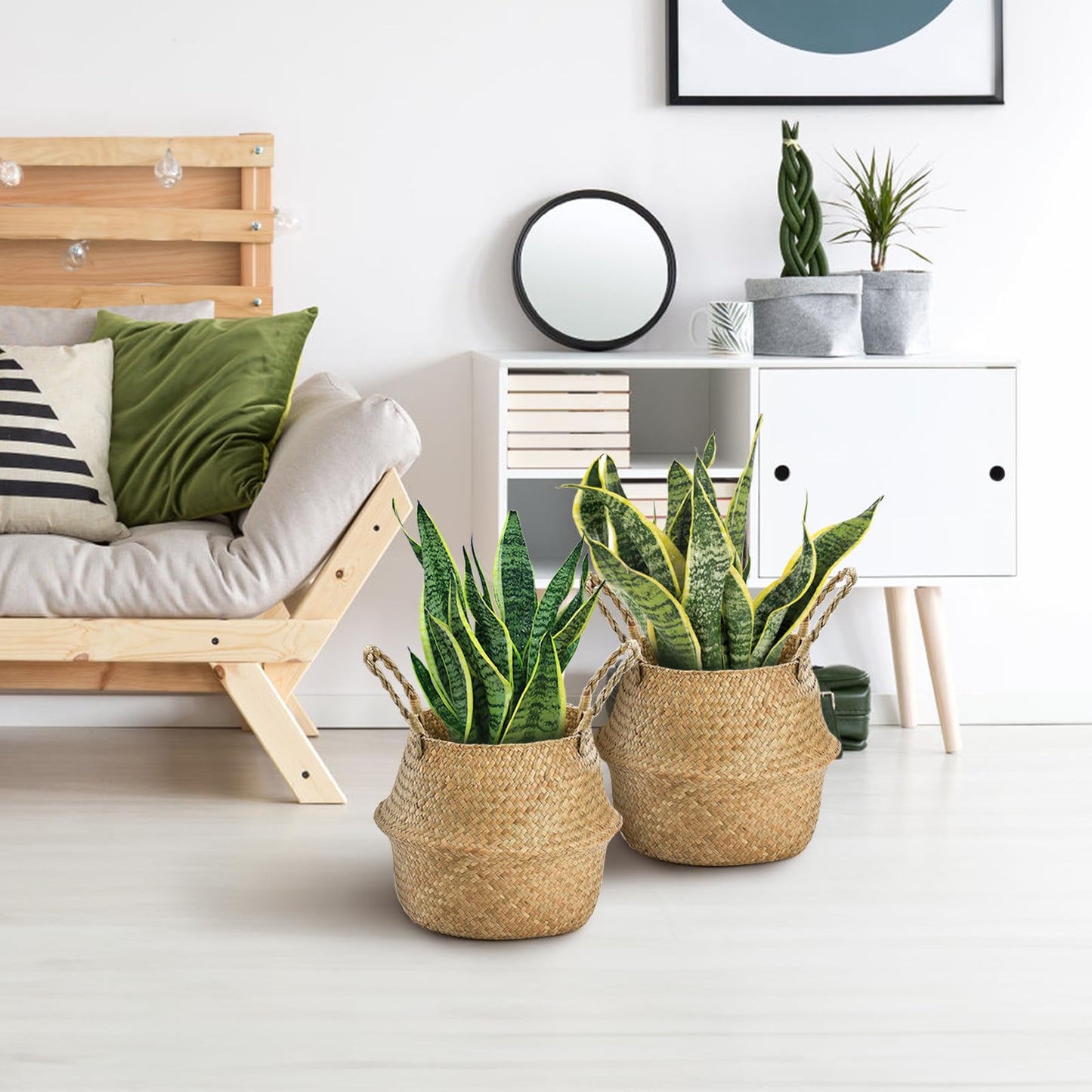 Yesland 2 Pack Woven Seagrass Plant Basket with Handles, Ideal Wicker Baskets Storage Plant Pot Baskets for Laundry, Picnic, Plant Pot Cover, Beach Bag and Grocery Basket (L)