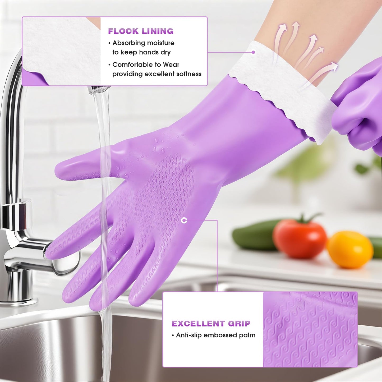 Elgood Reusable Dishwashing Cleaning Gloves with Latex free, Cotton lining,Kitchen Gloves 2 Pairs,Purple+blue Medium