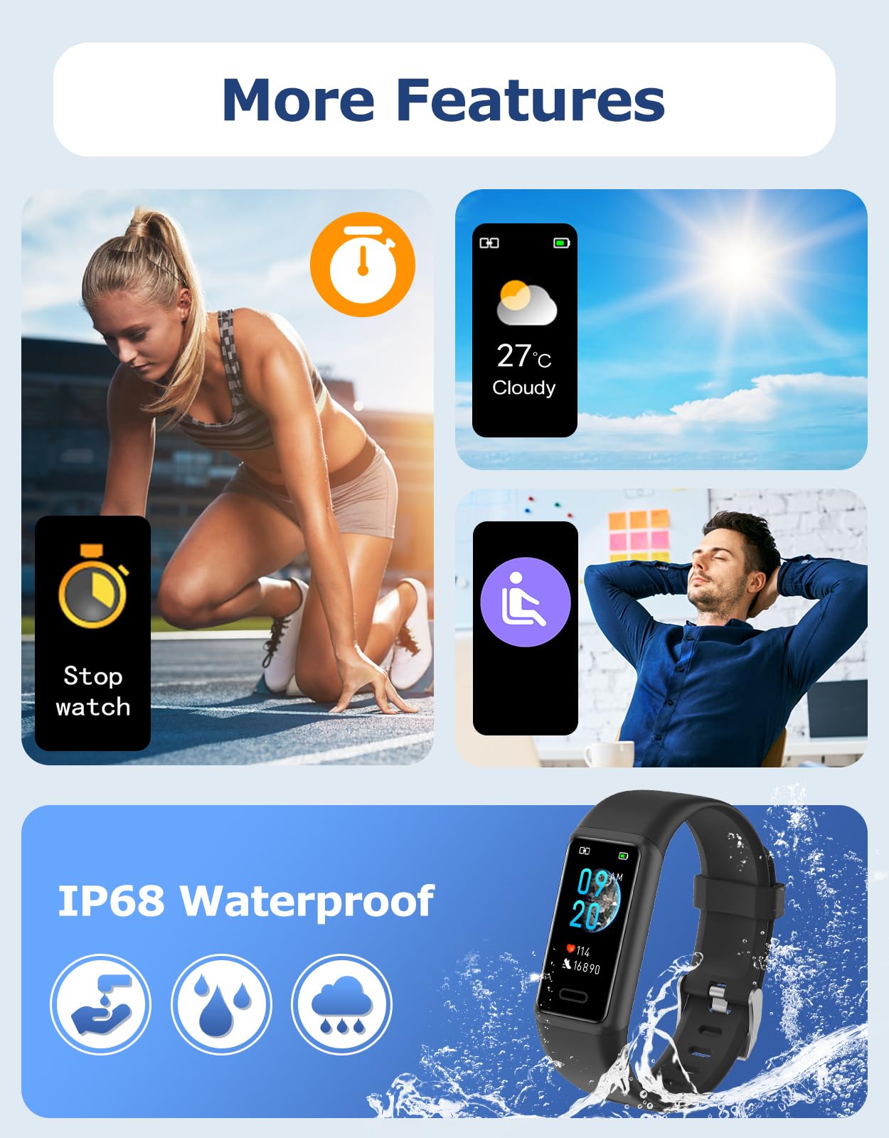 Cloudpoem Fitness Tracker, Fitness Watches for Men Women with 24/7 Heart Rate Monitor Sleep Tracker Step/Calorie Counter Stopwatch Pedometer IP68 Waterproof (Black)