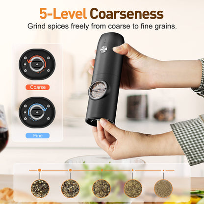 Electric Salt and Pepper Grinder Set, Rechargeable Automatic Pepper Mill Grinder with LED Light, Adjustable Coarseness shakers, One-Hand Operation for Kitchen(2 Pack,Black+White)