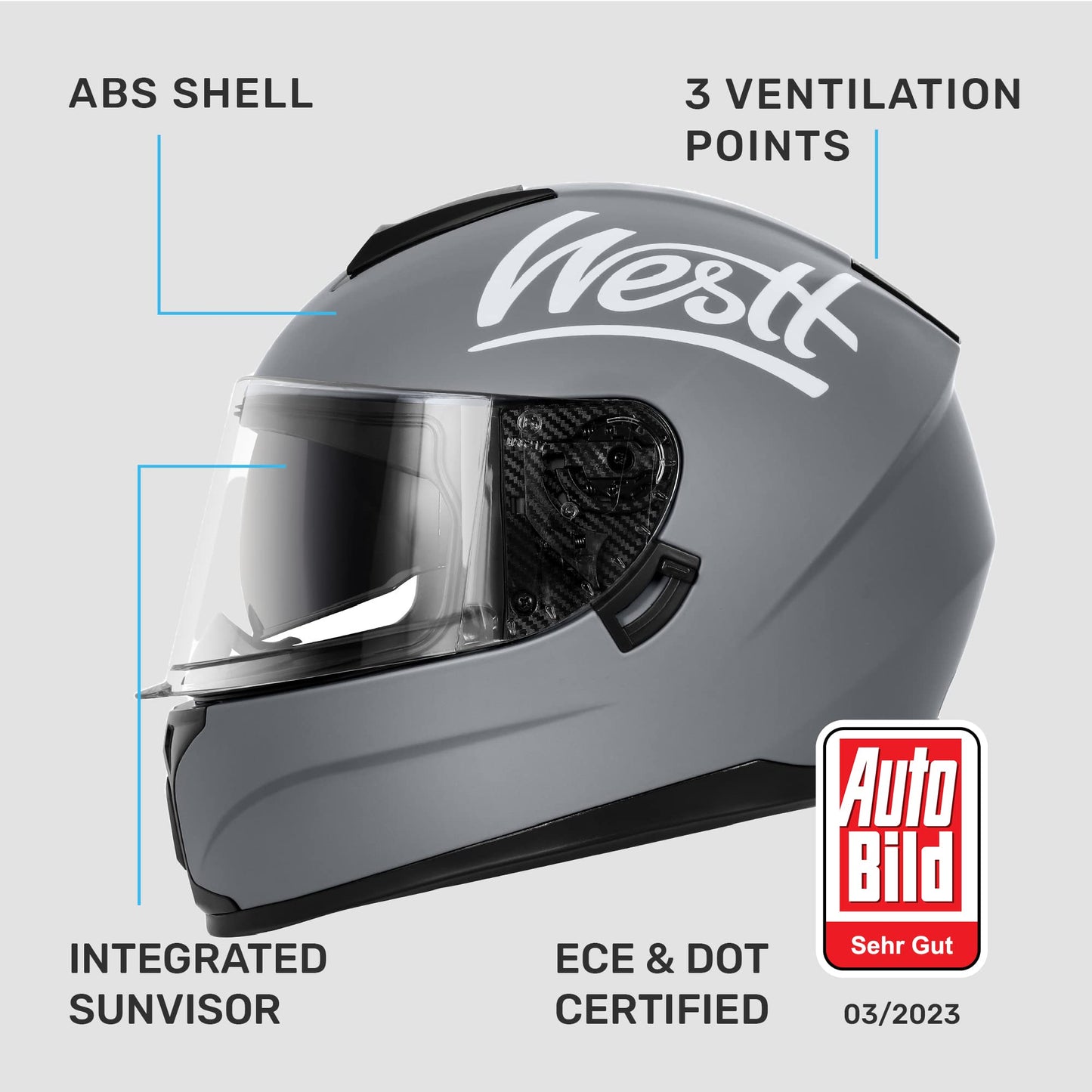 Westt Motorcycle Helmets Full Face Helmets - Street Bike Helmet with Dual Visor DOT Approved for Men Women Adults Compact Lightweight Storm X Grey Black White (Grey, L (23.23-23.62 in))