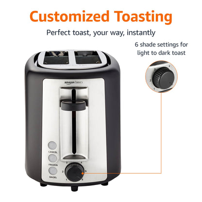 Amazon Basics 2 Slice Toaster, With 6 Browning Settings, Extra Wide Slots For Bagels and Special Breads, Removable Easy-to-Clean Crumb Tray, Cancel/Defrost/Bagel Buttons, 900W, Black & Silver