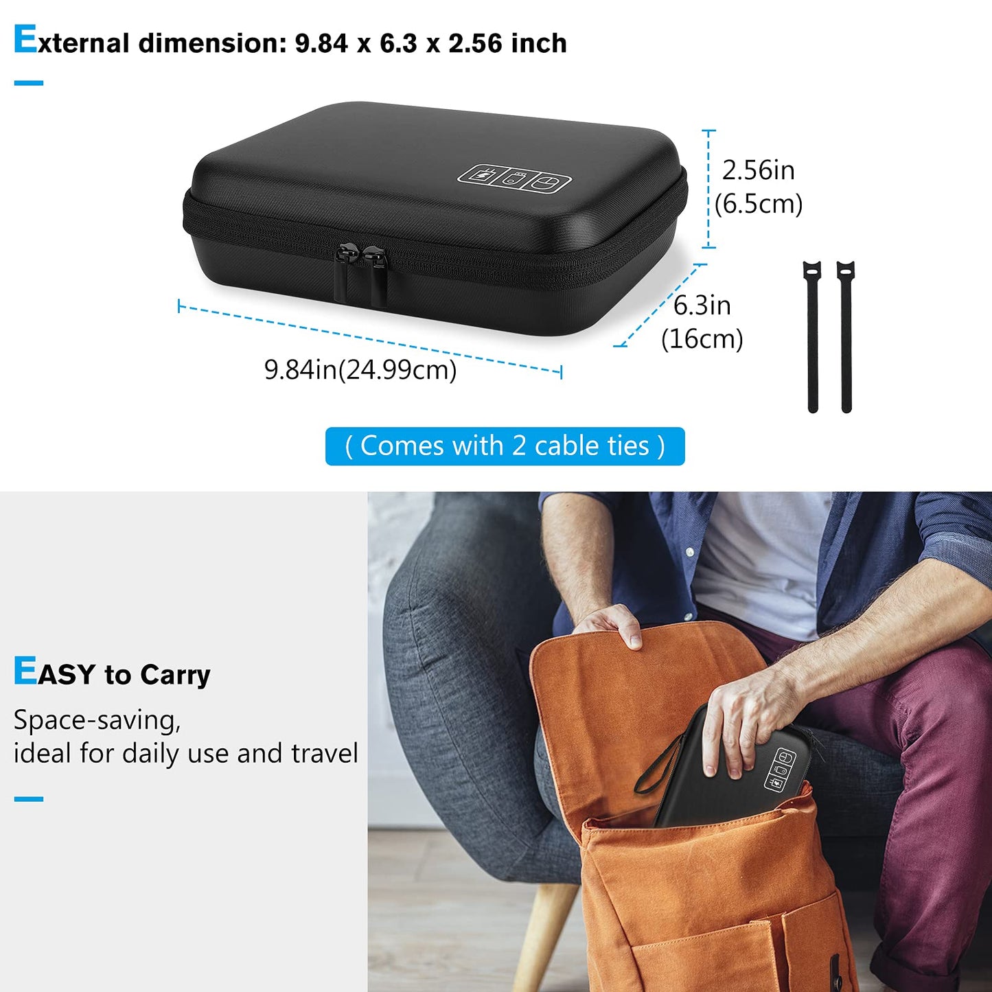 ProCase Hard Travel Electronic Organizer Case for MacBook Power Adapter Chargers Cables Power Bank Apple Magic Mouse Apple Pencil USB Flash Disk SD Card Small Portable Accessories Bag -Black, L