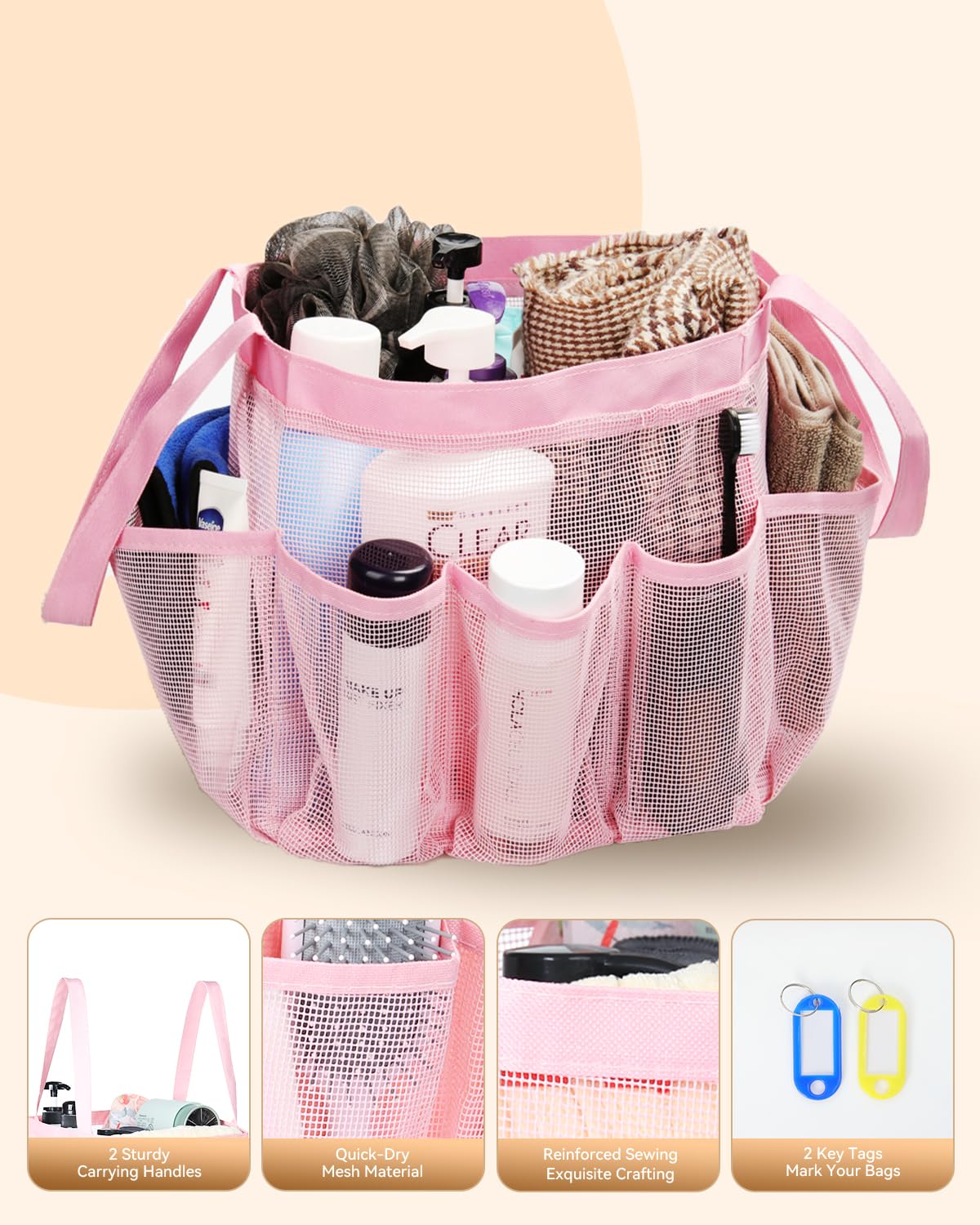 Temede Mesh Shower Caddy Tote, Large Shower Caddy Basket Portable, Quick Dry Hanging Toiletry Bag, 8 Storage Pocket Bath Organizer for College Dorm, Gym, Camp, Travel (Pink)