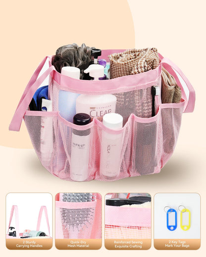 Temede Mesh Shower Caddy Tote, Large Shower Caddy Basket Portable, Quick Dry Hanging Toiletry Bag, 8 Storage Pocket Bath Organizer for College Dorm, Gym, Camp, Travel (Pink)