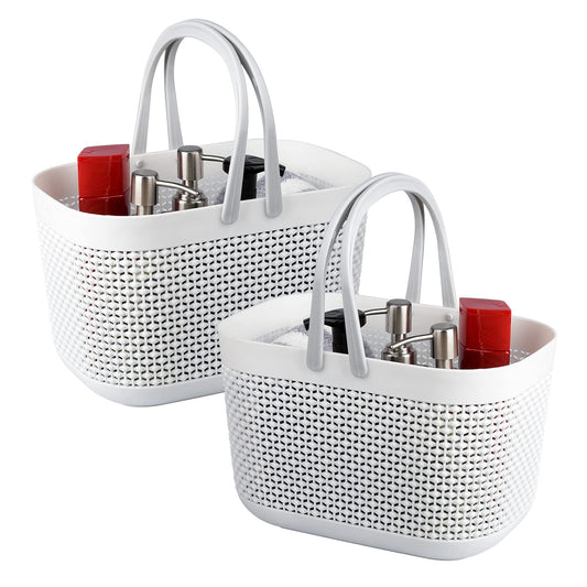 UUJOLY Portable Shower Caddy Basket Tote, Plastic Storage Basket with Handles Organizer Bins for Kitchen Bathroom College Dorm, White 2 Pack