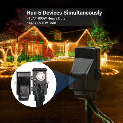 DEWENWILS Outdoor Mechanical Power Strip Timer, 24 Hour Multi Socket, Waterproof 6 Outlet Garden Power Stake, 6 ft Cord, 1800W/15A Heavy Duty, for Lights, Yard, Garden