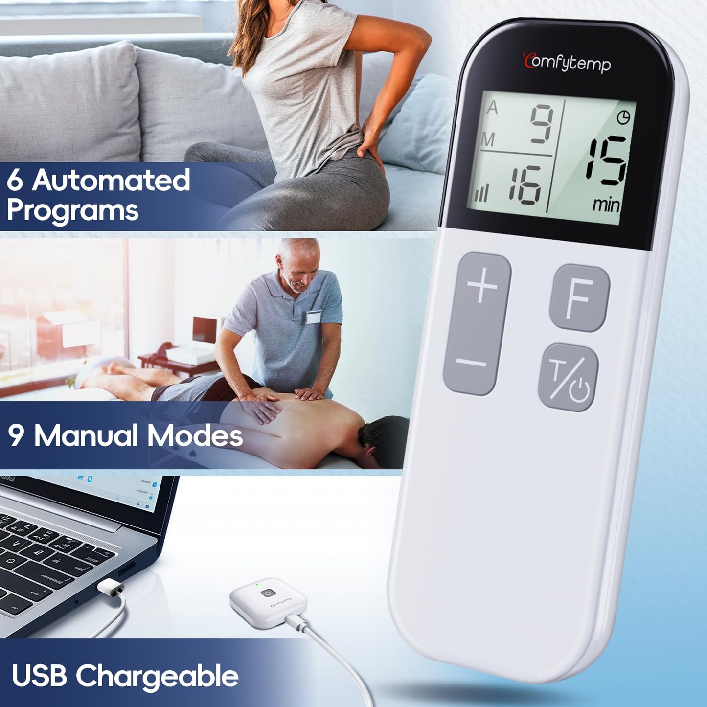 Comfytemp Wireless TENS Unit Muscle Stimulator for Pain Relief Therapy, Relieve Sciatica Rechargeable TENS Machine for Pain Management, Portable TENS Device for Back, Shoulder, Cramps Pain Relief