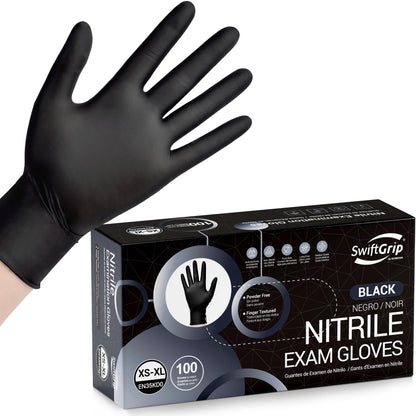 SwiftGrip Disposable Nitrile Exam Gloves, Black Nitrile Gloves Disposable Latex Free for Medical, Cooking & Esthetician, Food-Safe Rubber Gloves, Powder Free, Non-Sterile, 100-ct Box (Medium)