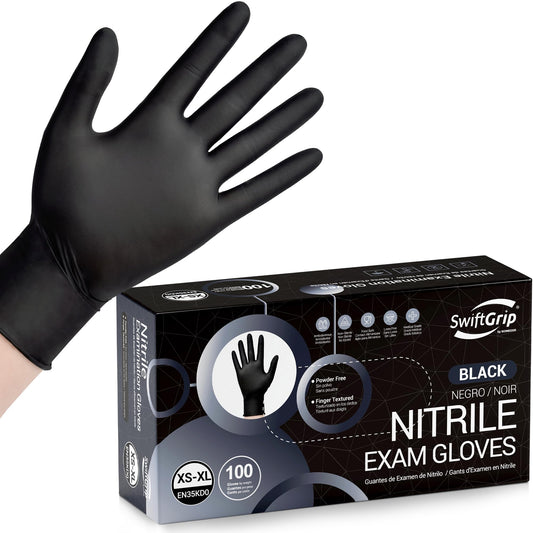 SwiftGrip Disposable Nitrile Exam Gloves, Black Nitrile Gloves Disposable Latex Free for Medical, Cooking & Esthetician, Food-Safe Rubber Gloves, Powder Free, Non-Sterile, 100-ct Box (Medium)