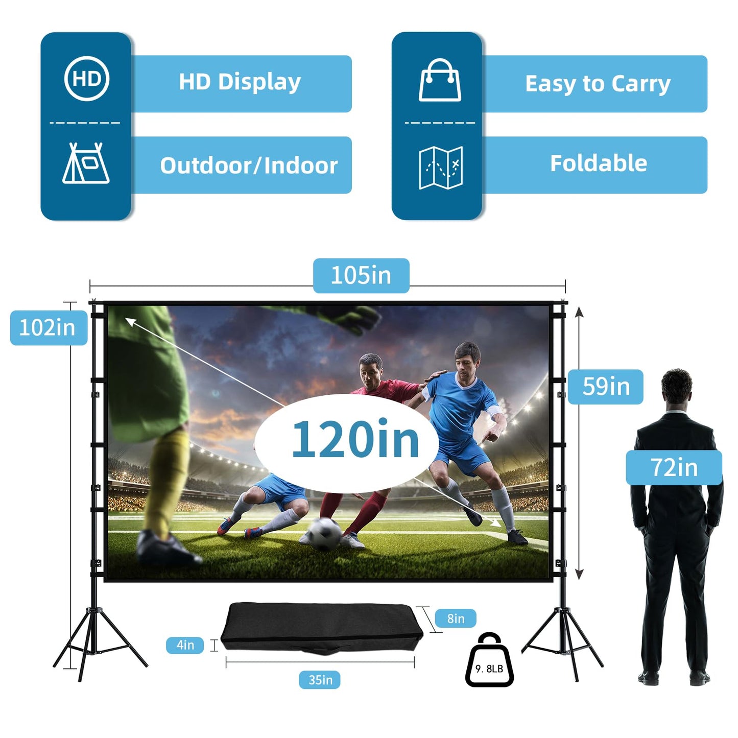 TOWOND Projector Screen and Stand, 120 inch Outdoor Projection Screen, Portable 16:9 4K HD Rear Front Movie Screen with Carry Bag Wrinkle-Free Design for Home Theater Backyard Cinema