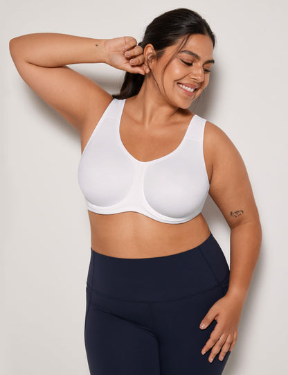 SYROKAN Women's Max Control Underwire Sports Bra High Impact Plus Size with Adjustable Straps Unlined Bra White 36DD
