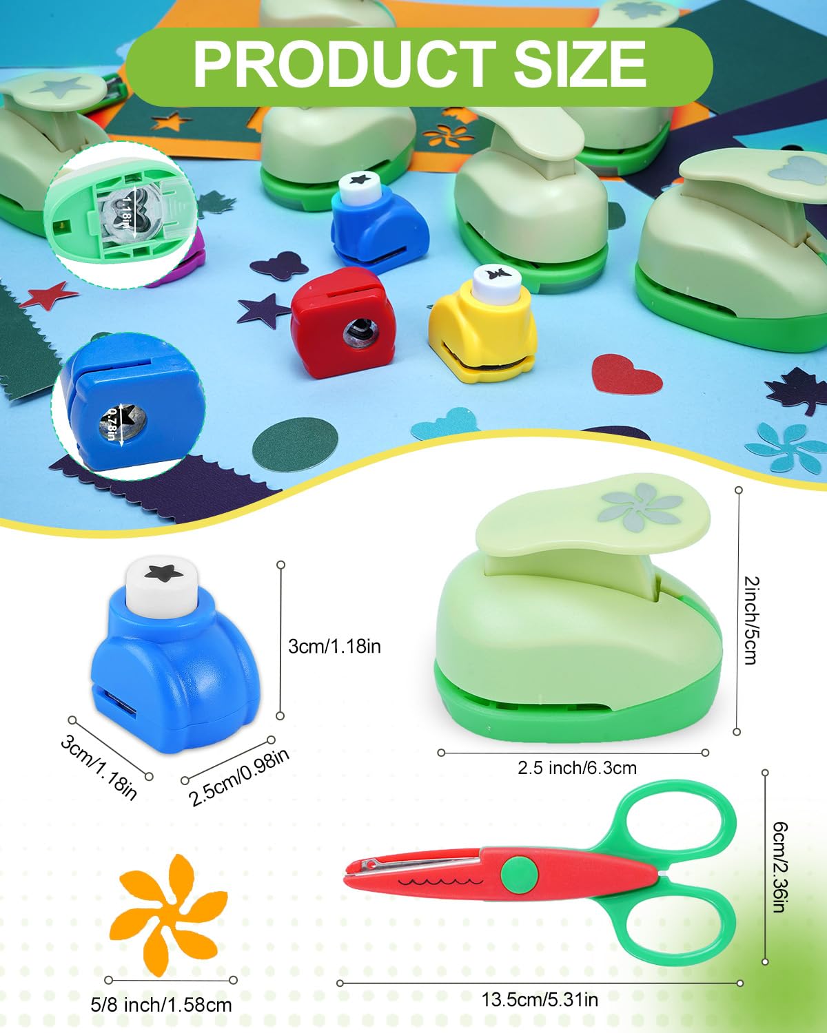 UCEC Paper Punches for Crafting, 3 Pcs Craft Scissors Decorative Edge, 6 Pcs 1 Inch Paper Puncher, 4 Pcs 3/8 inch Hole Punch, Circle Heart Star Shapes Puncher Scissors Sets