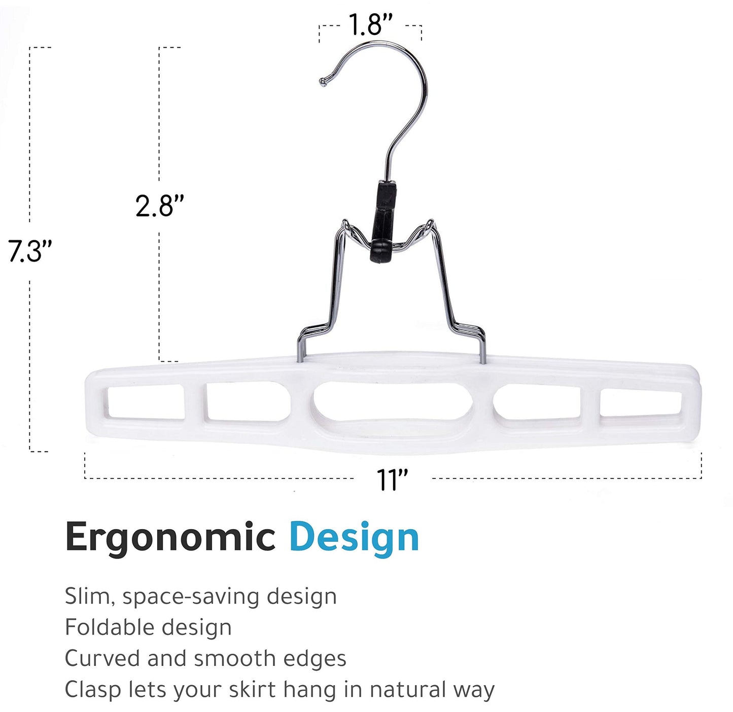 Quality Hangers 10 Pack Premium Skirt Hangers - Thin Space Saving Pant Hangers Set with Clamp, Shorts Hangers with Heavy Duty Locking Clasp, Multipurpose Jean Hangers Set - White