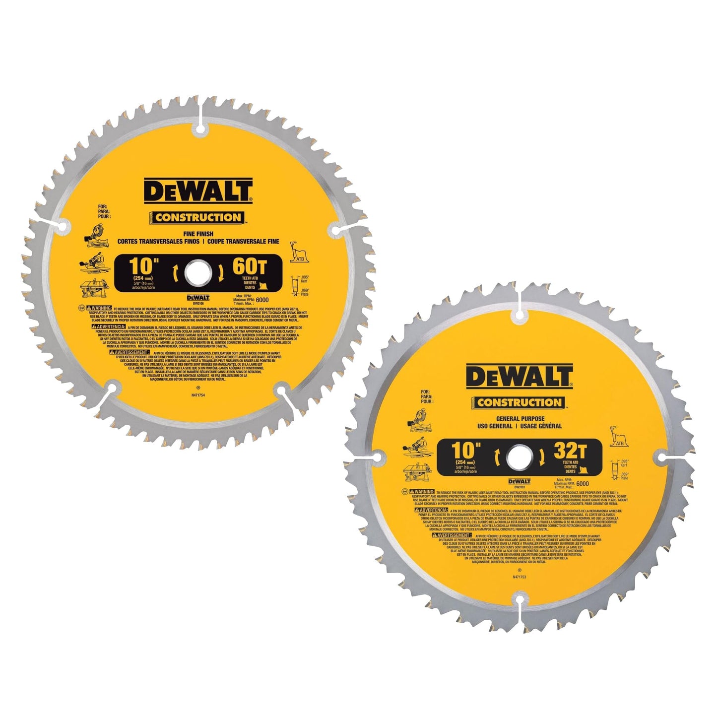 DEWALT 10-Inch Miter Saw Blades/Table Saw Blades, 2-Blade Combo, 60-Tooth & 32-Tooth Pack (DW3106P5)